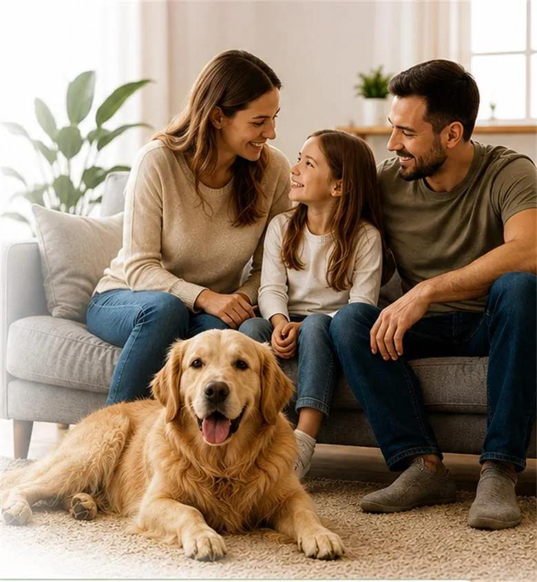 Familia chilena en el living de su casa junto a su perro