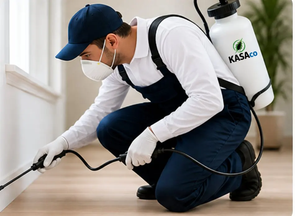 Técnico de KASAco aplicando tratamiento en el zócalo interior de una casa